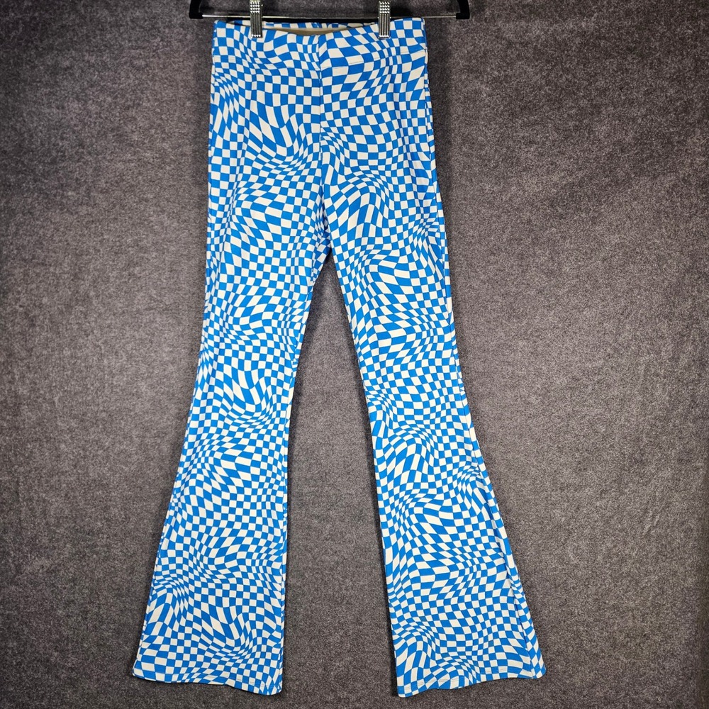 Garage Womens Blue Checkerboard Flare Pants Warped Print Retro Skater Rave Sz S